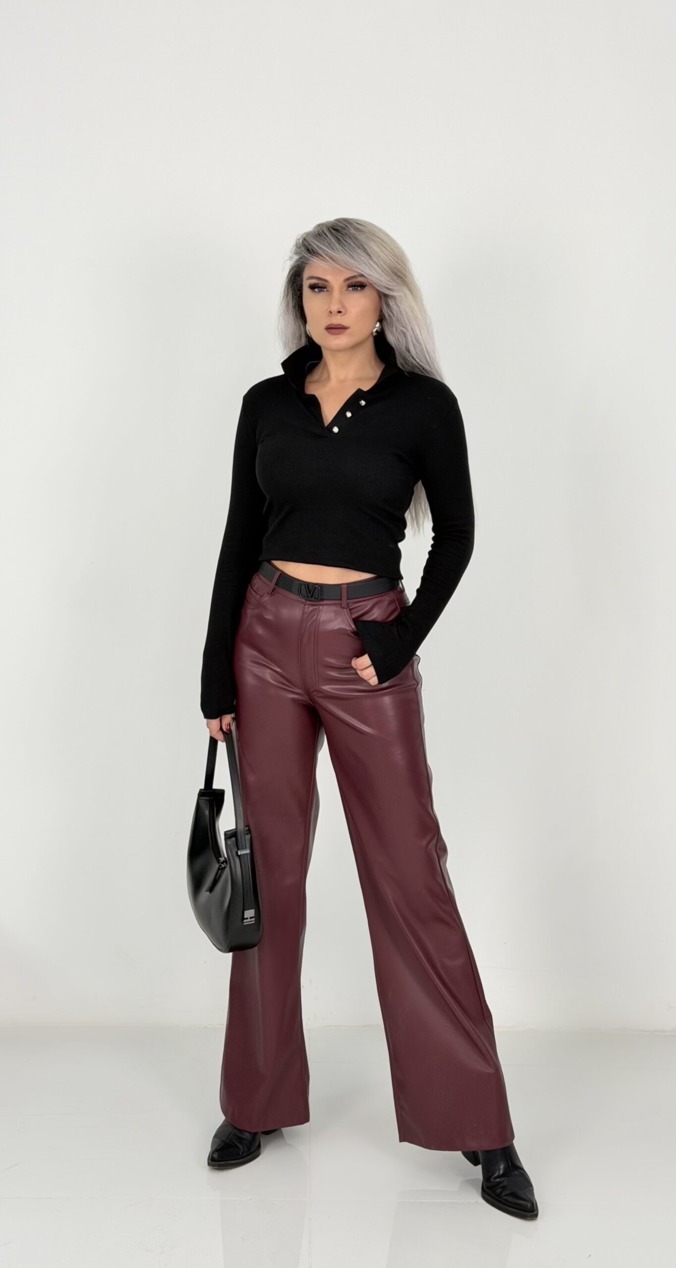 Bordo Yüksek Bel Deri Palazzo Pantolon - Görsel 2