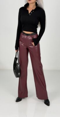 Bordo Yüksek Bel Deri Palazzo Pantolon
