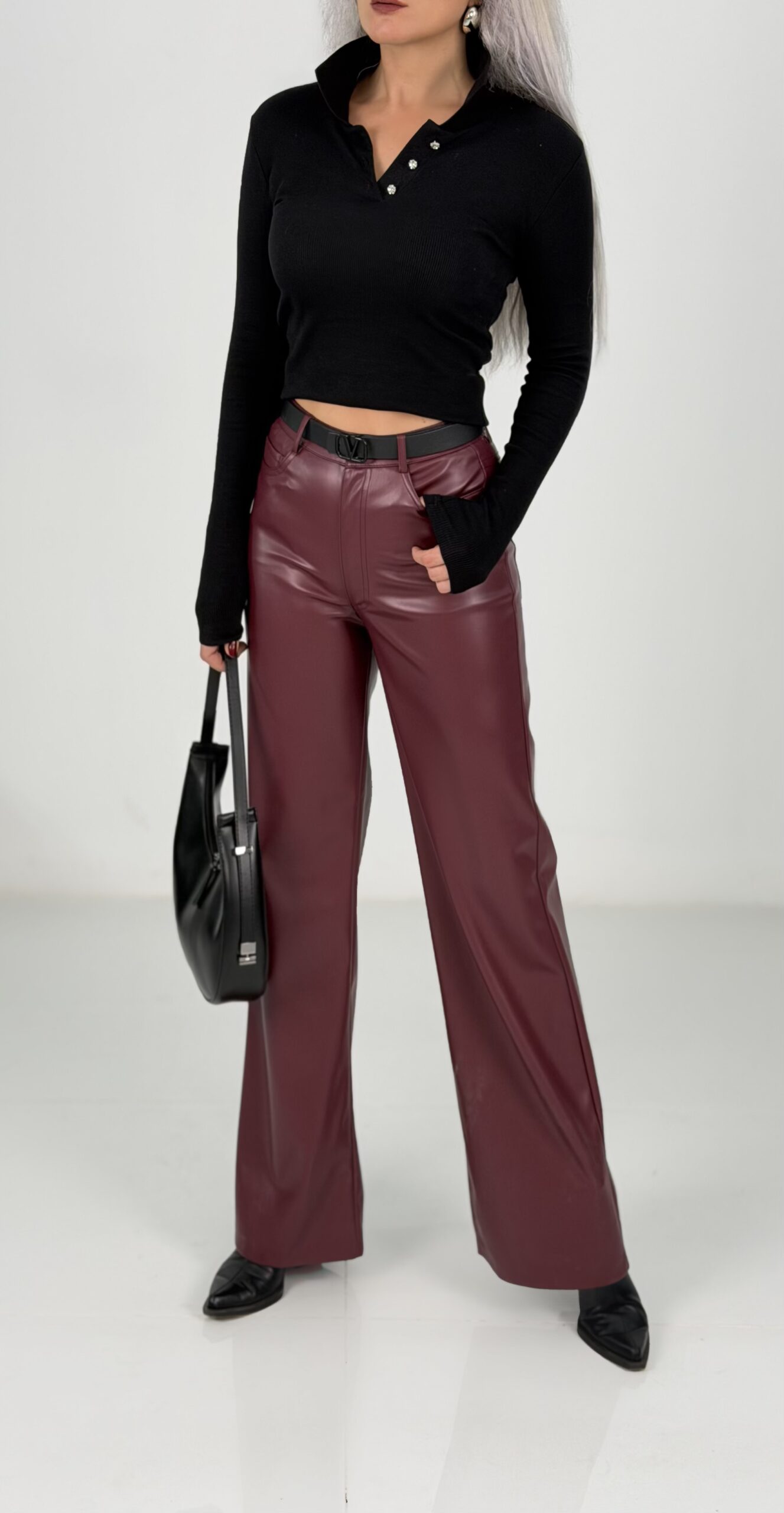 Bordo Yüksek Bel Deri Palazzo Pantolon