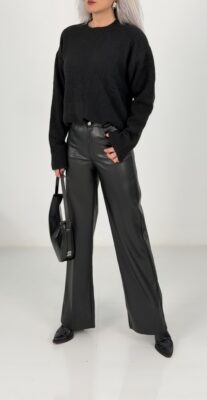 Siyah Yüksek Bel Deri Palazzo Pantolon