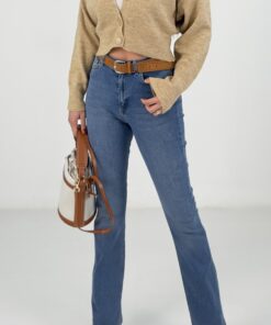 Mavi Yüksek Bel Likralı İspanyol Paça Jean