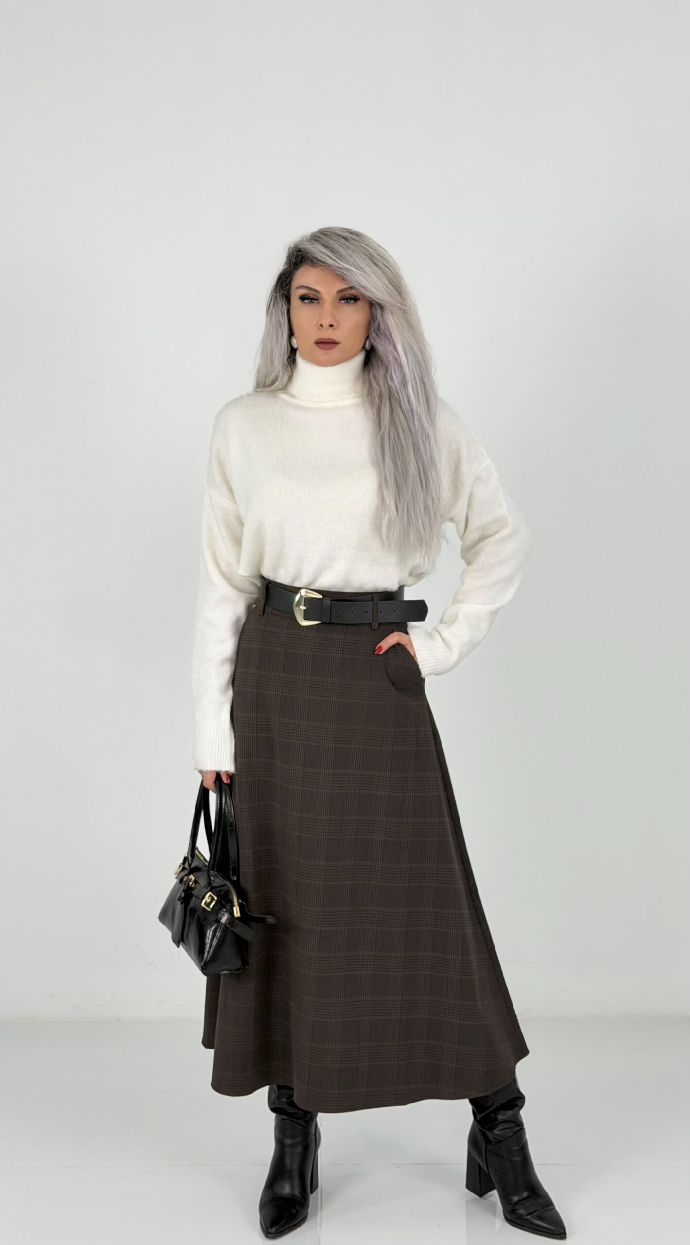 Kahve Kemerli Ekose Midi Etek - Görsel 2