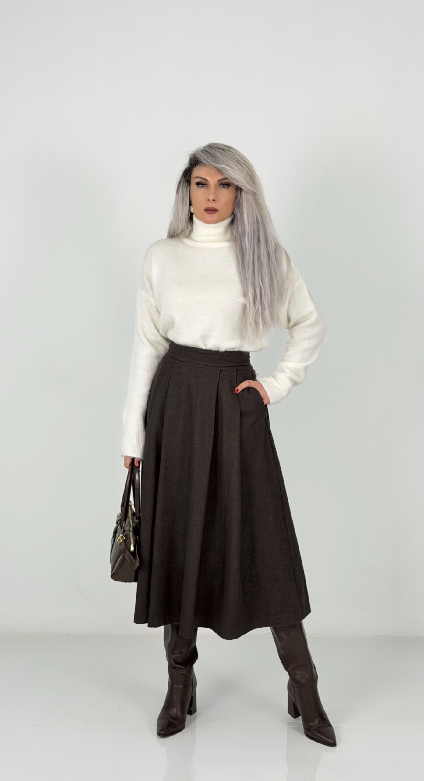 Kahve Yüksek Bel Kaşe Midi Etek