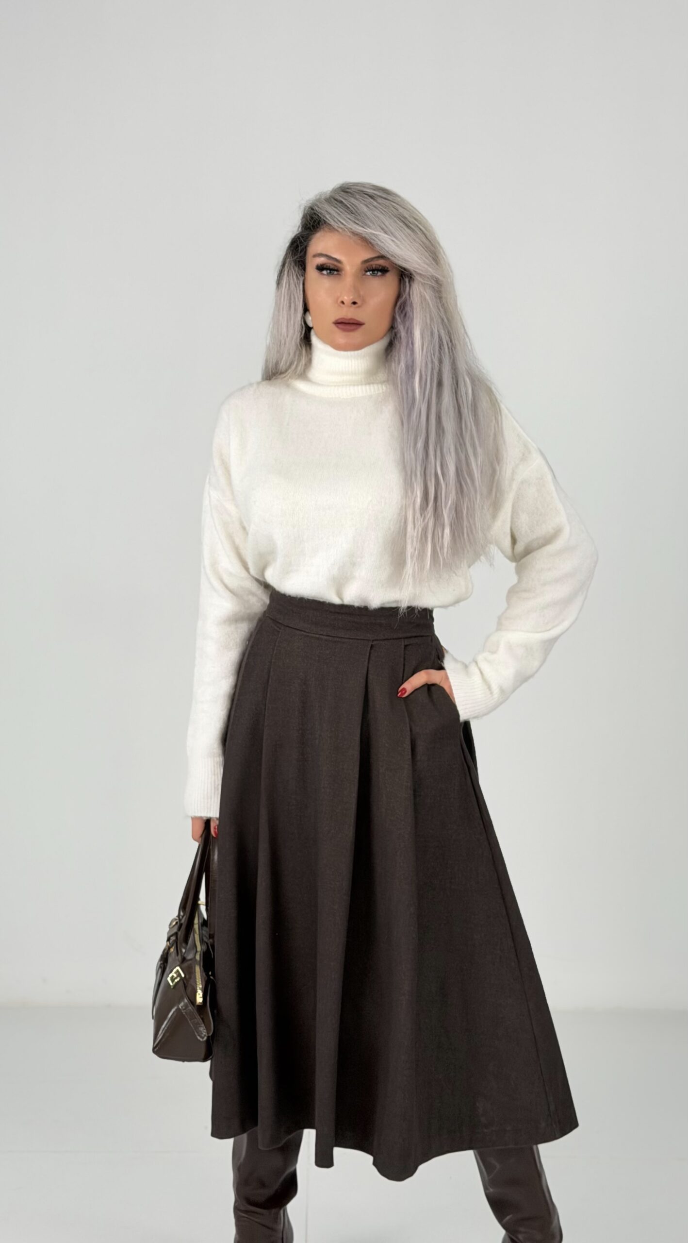 Kahve Yüksek Bel Kaşe Midi Etek - Görsel 4