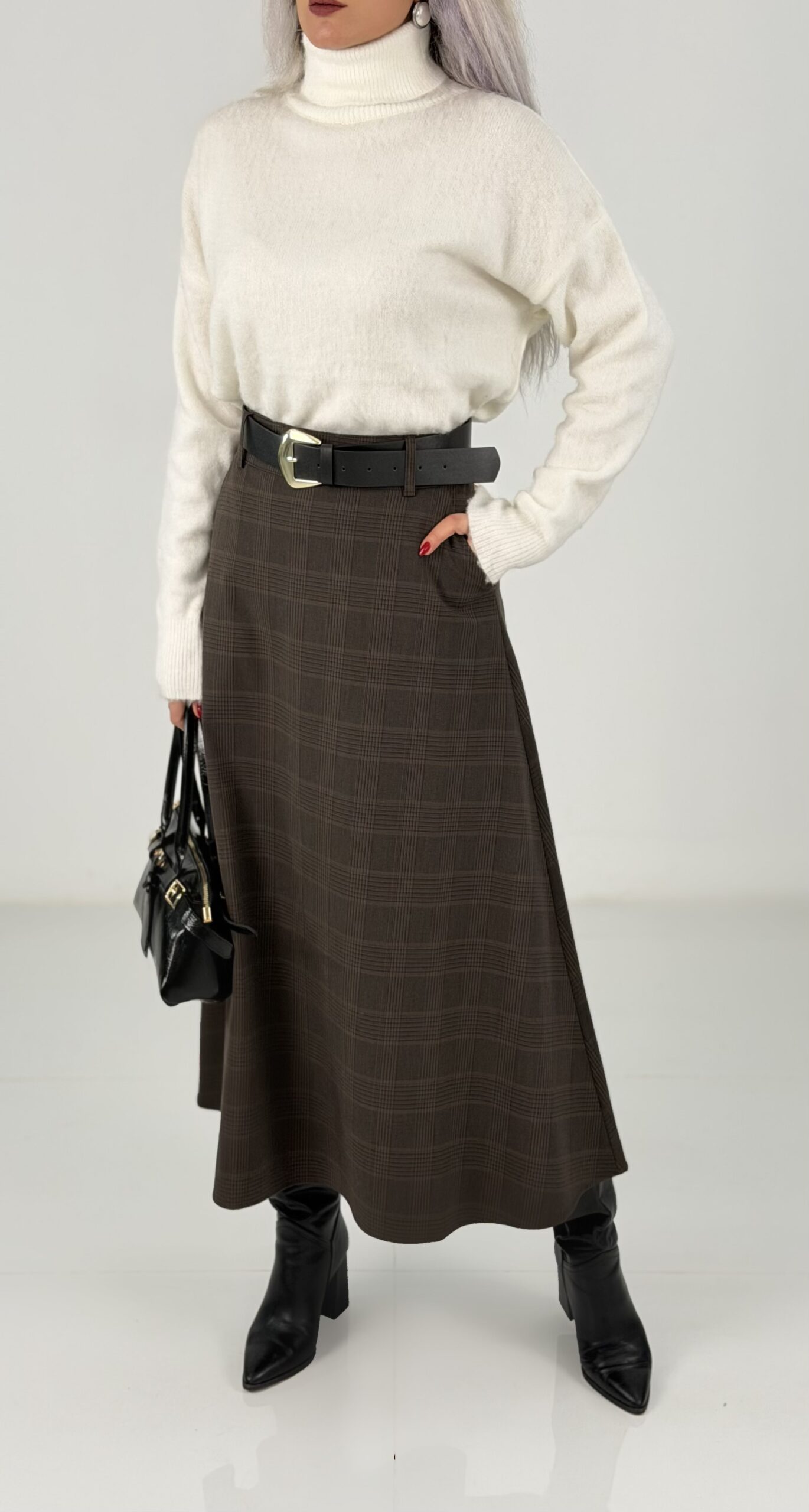 Kahve Kemerli Ekose Midi Etek