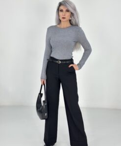 Siyah İnce Kemerli Duble Paça Bol Kumaş Pantolon