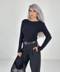 Siyah İnce Kemerli Bol Paça Pantolon