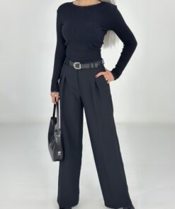 Alternative view of Siyah İnce Kemerli Bol Paça Pantolon