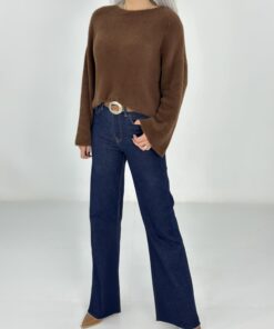 Lacivert Yüksek Bel Yarı Flare Jean