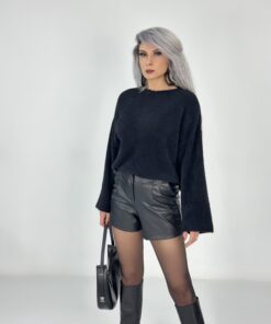 Siyah Bisiklet Yaka Yumoş Uzun Kazak