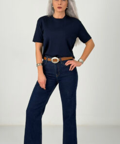 Alternative view of Lacivert Yüksek Bel Kesik Paça Likralı İspanyol Paça Jean