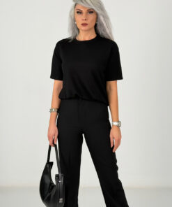 Alternative view of Siyah Yüksek Bel Likralı Yarı İspanyol Kumaş Pantolon