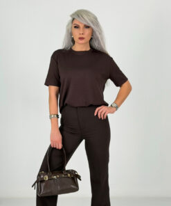 Alternative view of Kahve Yüksek Bel Yarı İspanyol Likralı Kumaş Pantolon