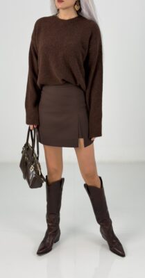 Kahve Yan Yırtmaç Etek Görünümlü Şort Etek