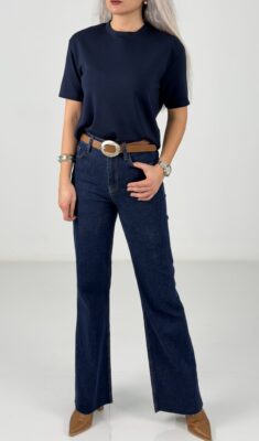 Lacivert Yüksek Bel Kesik Paça Likralı İspanyol Paça Jean