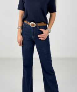 Lacivert Yüksek Bel Kesik Paça Likralı İspanyol Paça Jean