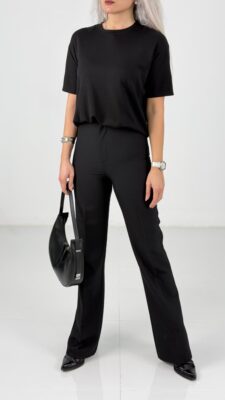 Siyah Yüksek Bel Likralı Yarı İspanyol Kumaş Pantolon