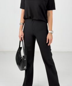 Siyah Yüksek Bel Likralı Yarı İspanyol Kumaş Pantolon