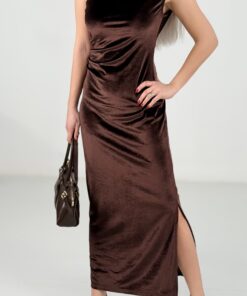 Kahve Kadife Tek Omuz Yan Yırtmaç Midi Elbise