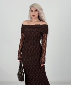 Kahve Madonna Yaka Dantelli Maxi Boy Elbise