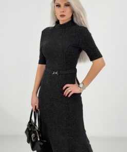 Antrasit Yarım Balıkçı Çelik Kumaş Midi Elbise