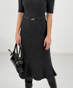 Alternative view of Antrasit Yarım Balıkçı Çelik Kumaş Midi Elbise