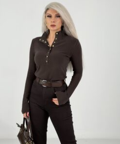 Kahve Çıtçıtlı Kadife Fitilli Triko Bluz