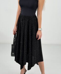 Siyah Taşlı Parçalı Likralı Midi Etek