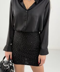 Siyah Taşlı Likralı Mini Etek