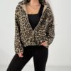 Leopar Desen Fermuarlı Peluş Ceket Mont