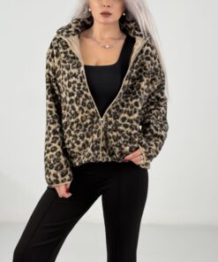 Leopar Desen Fermuarlı Peluş Ceket Mont
