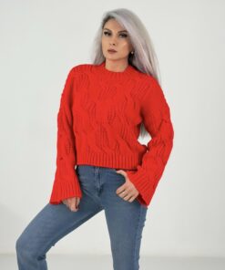 Kırmızı Saç Örgü Desenli Triko Kazak