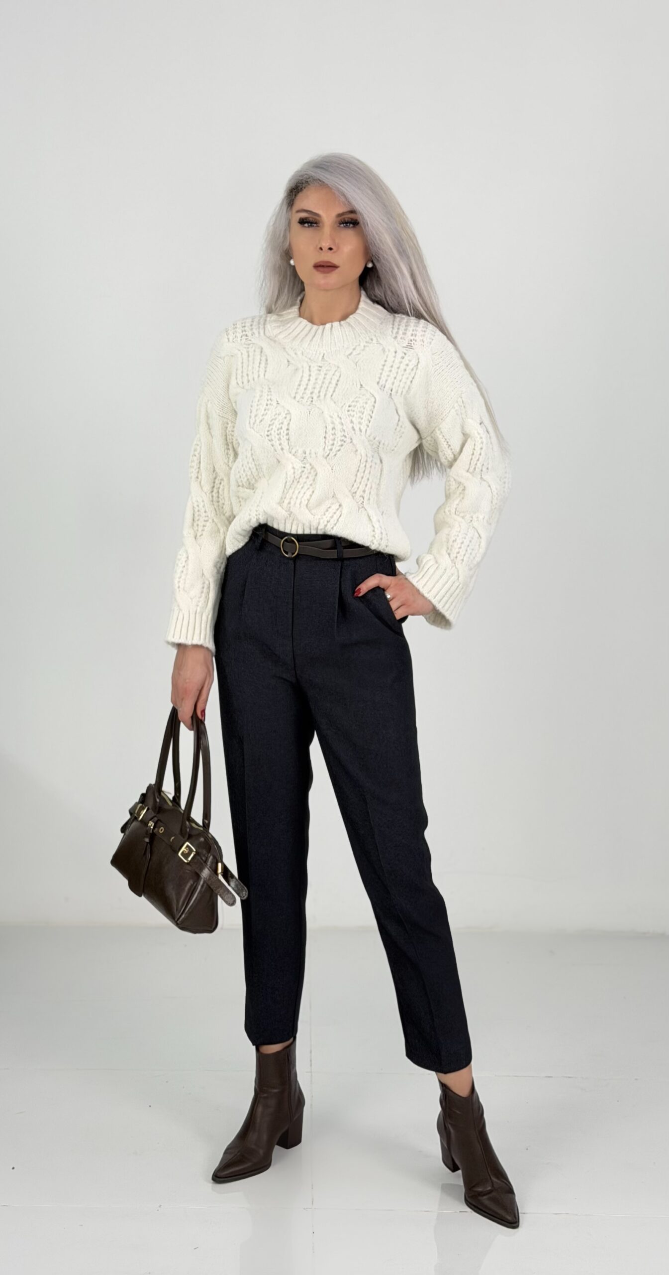 Krem Saç Örgü Desenli Basic Triko Kazak - Görsel 3