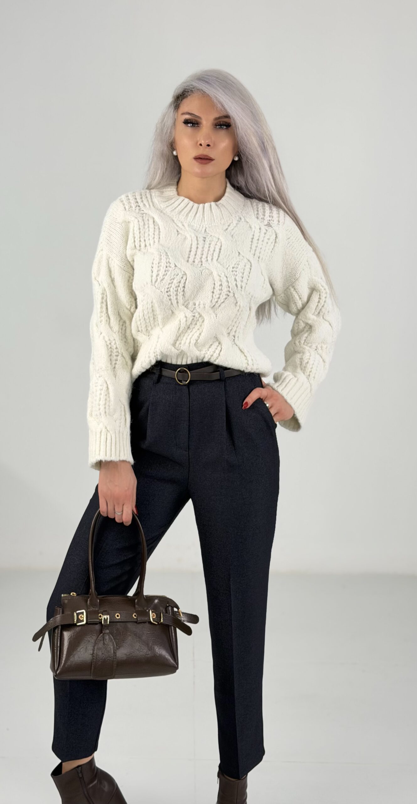 Krem Saç Örgü Desenli Basic Triko Kazak