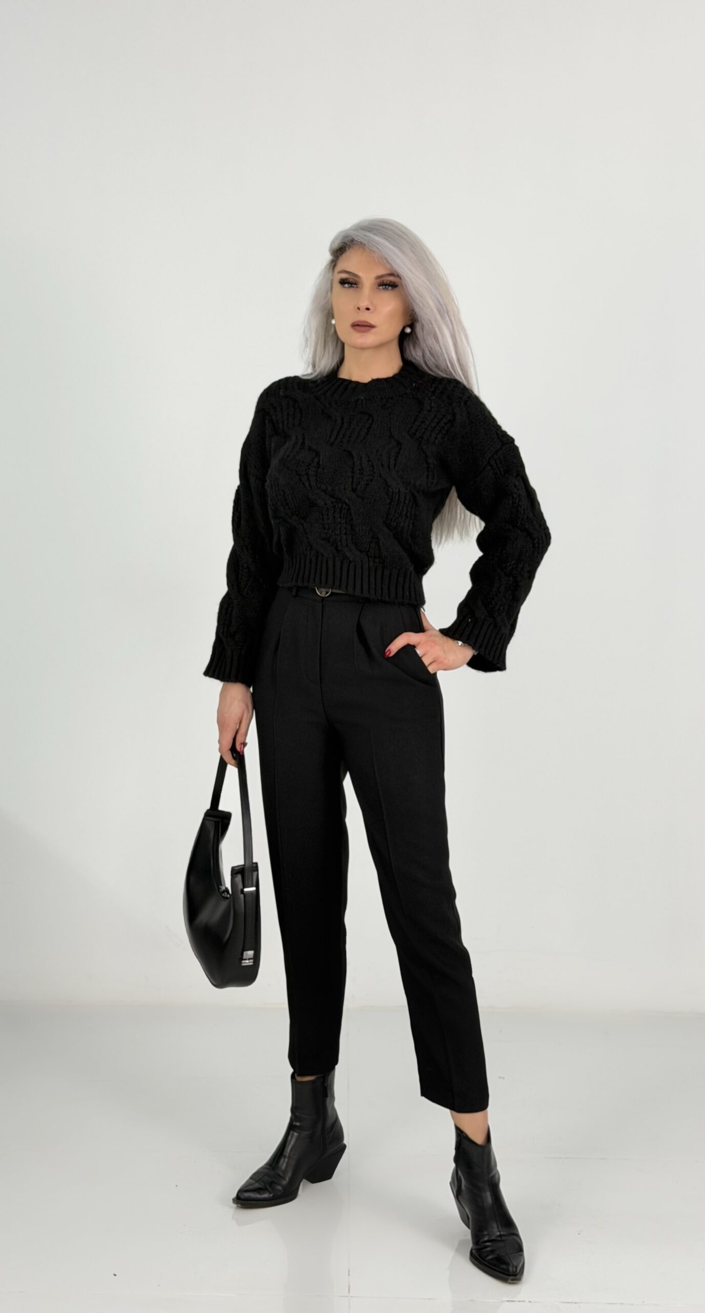 Siyah Saç Örgü Desenli Basic Triko Kazak - Görsel 5