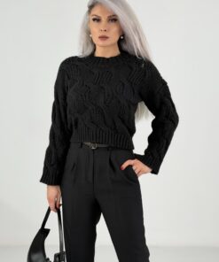 Siyah Saç Örgü Desenli Basic Triko Kazak