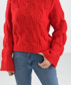 Alternative view of Kırmızı Saç Örgü Desenli Triko Kazak