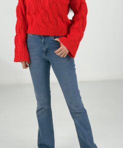 Mavi Yüksek Bel Likralı İspanyol Paça Jean