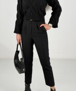 Alternative view of Siyah Saç Örgü Desenli Basic Triko Kazak