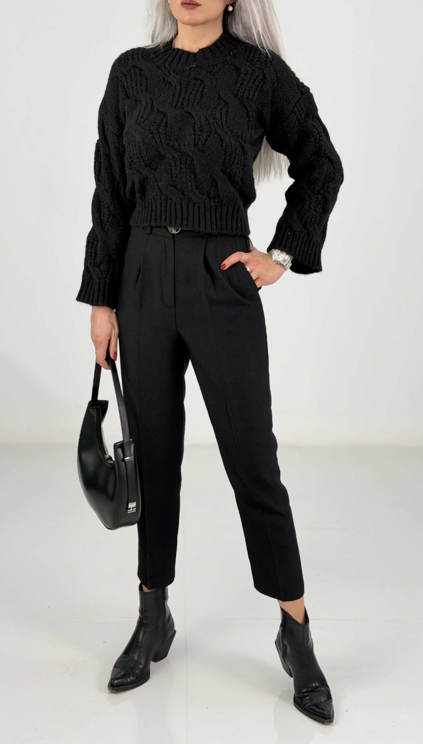 Siyah Saç Örgü Desenli Basic Triko Kazak - Görsel 2