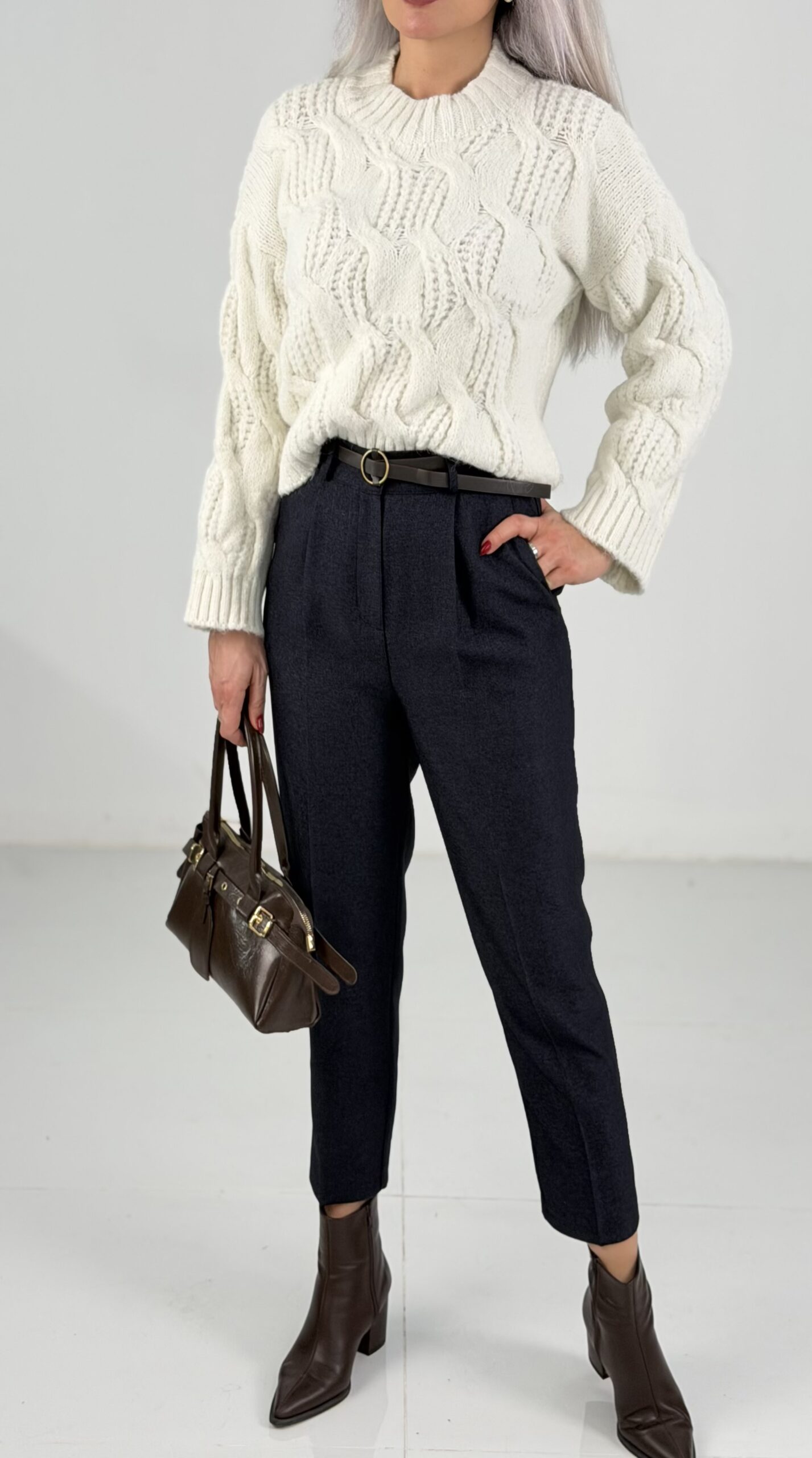 Krem Saç Örgü Desenli Basic Triko Kazak - Görsel 2