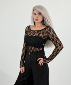 Siyah Dantel Likralı Transparan Bluz
