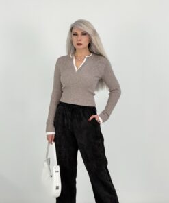 Alternative view of Siyah Beli Lastikli Kadife Bol Paça Pantolon