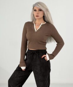 Kahve Fitilli Düğme Detaylı V Yaka Uzun Kollu Triko Bluz