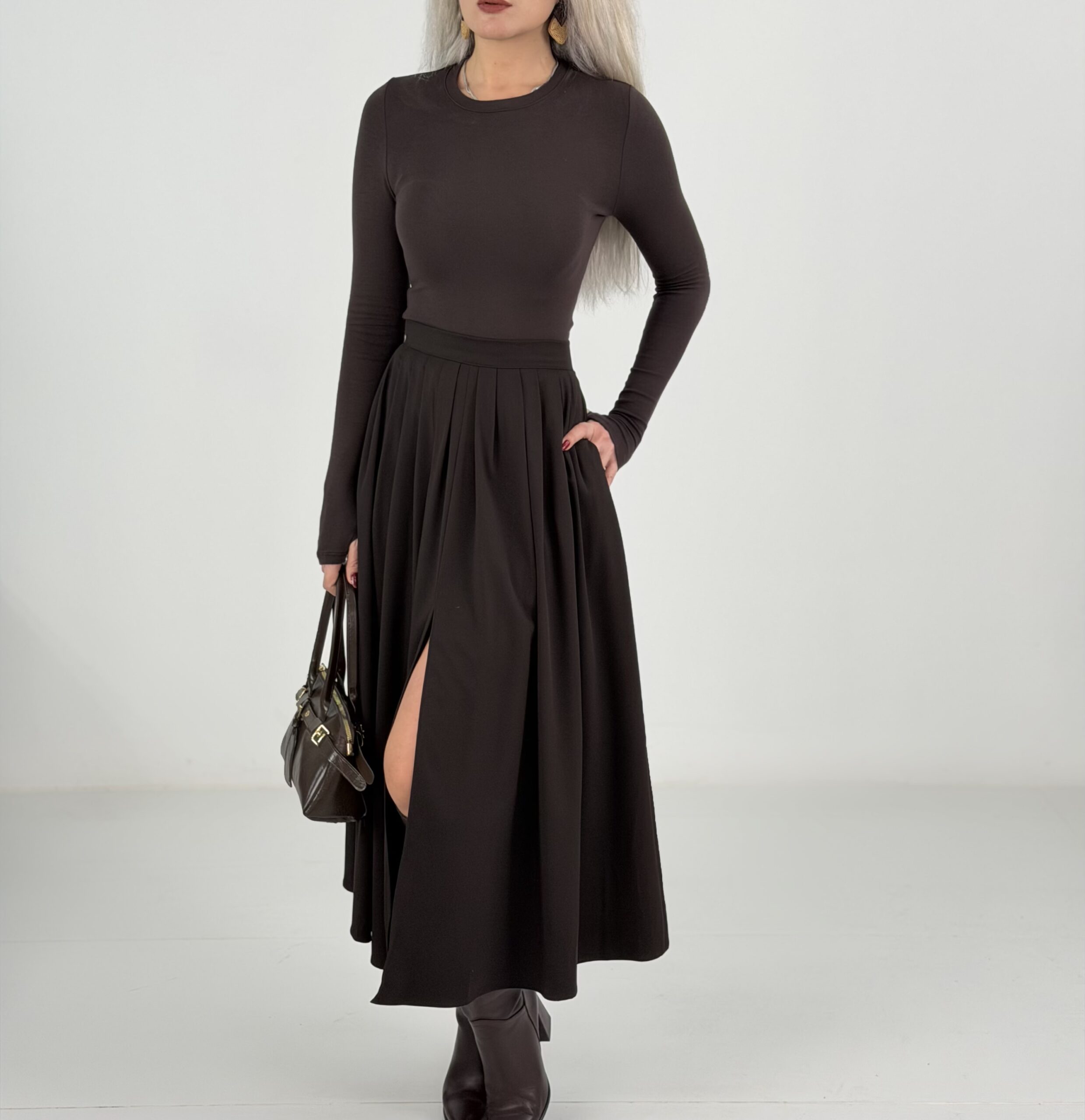 Kahve Parmak Geçmeli Oysh Kumaş Body - Görsel 3