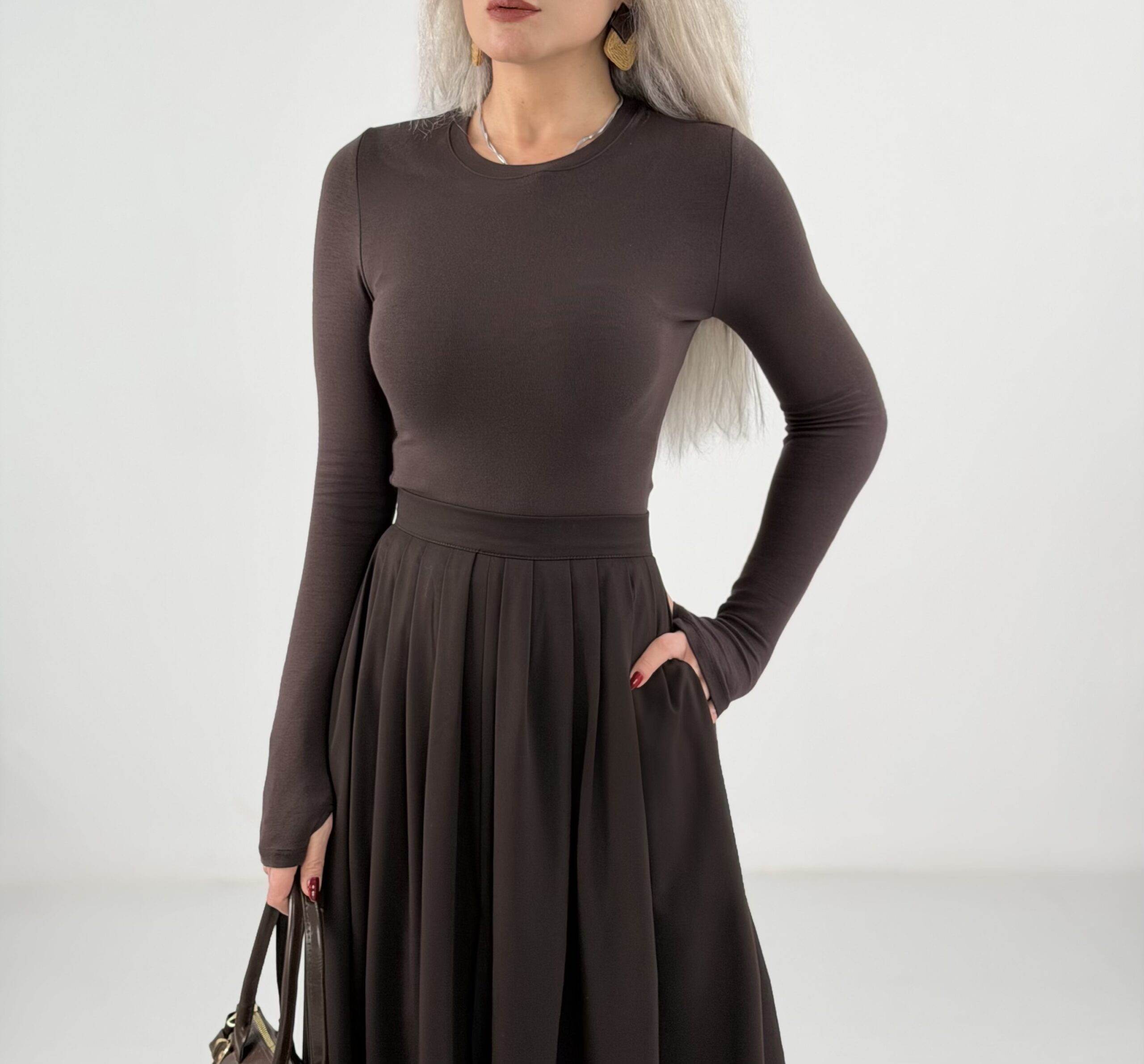 Kahve Parmak Geçmeli Oysh Kumaş Body - Görsel 2