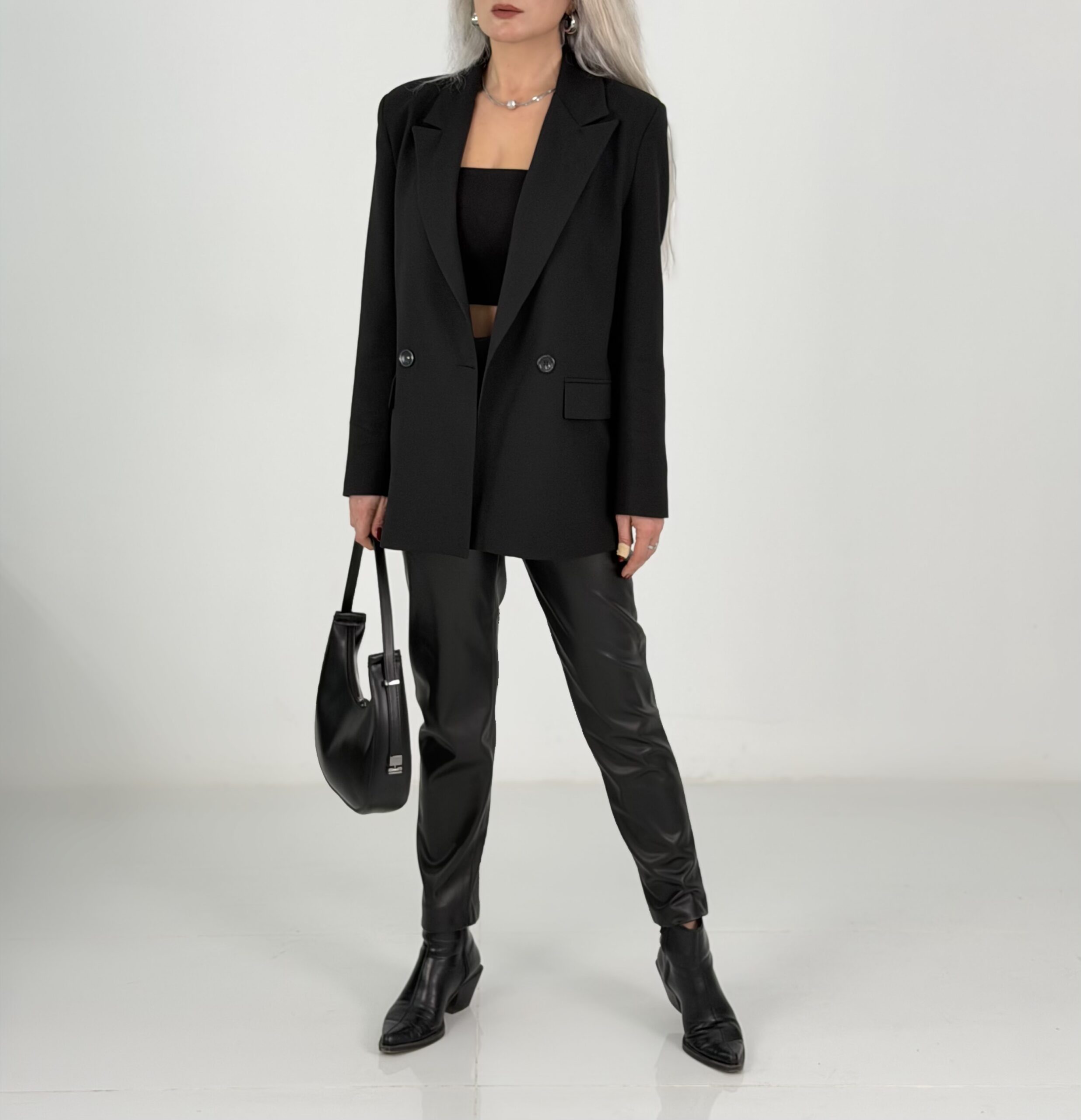 Siyah Oversize Kalıp Tek Düğme Ceket - Görsel 3