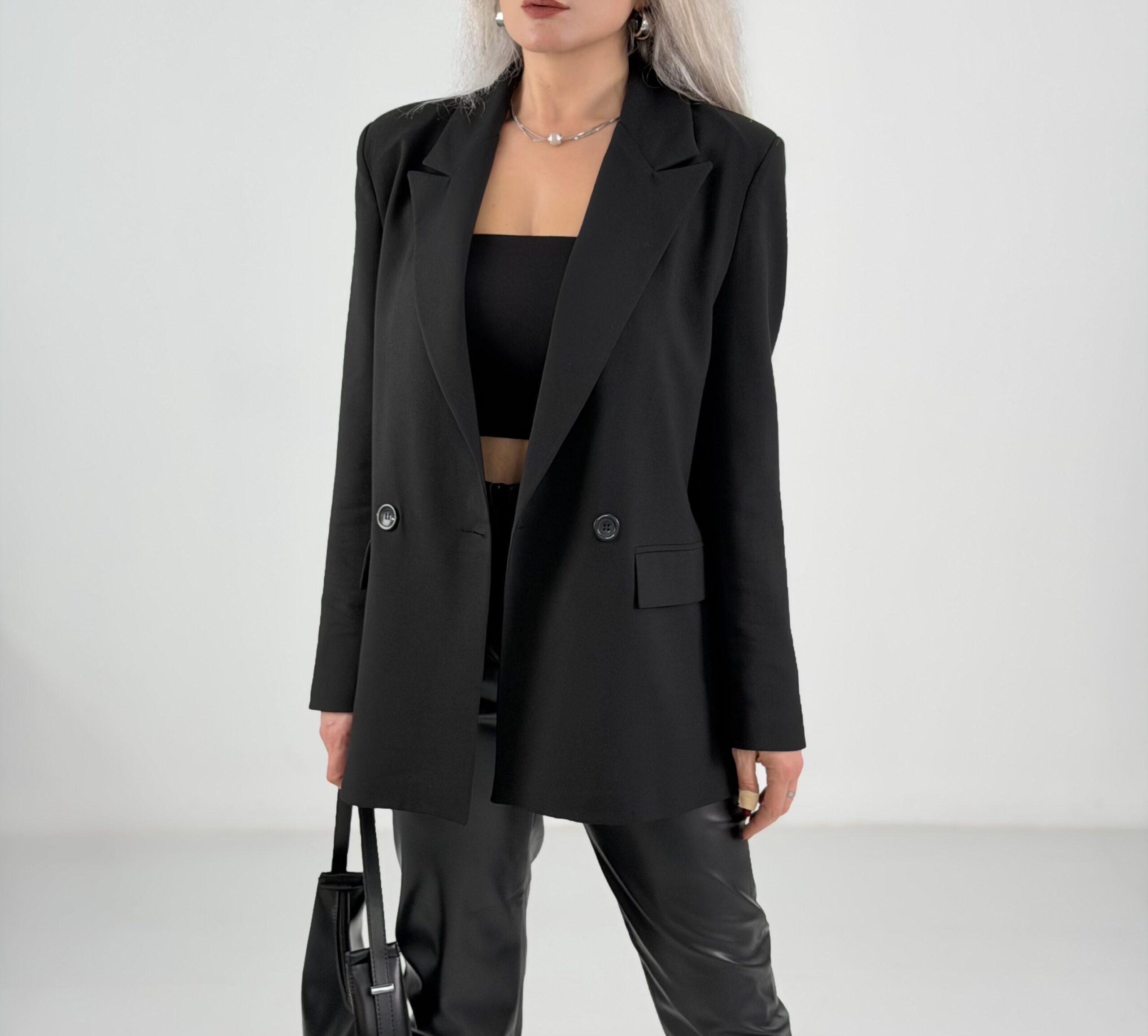 Siyah Oversize Kalıp Tek Düğme Ceket - Görsel 2