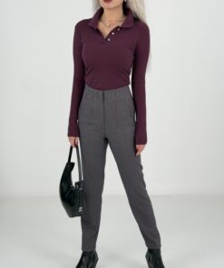 Gri Mini Ekose Desen Yüksek Bel Kalem Pantolon