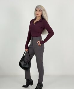 Alternative view of Gri Mini Ekose Desen Yüksek Bel Kalem Pantolon